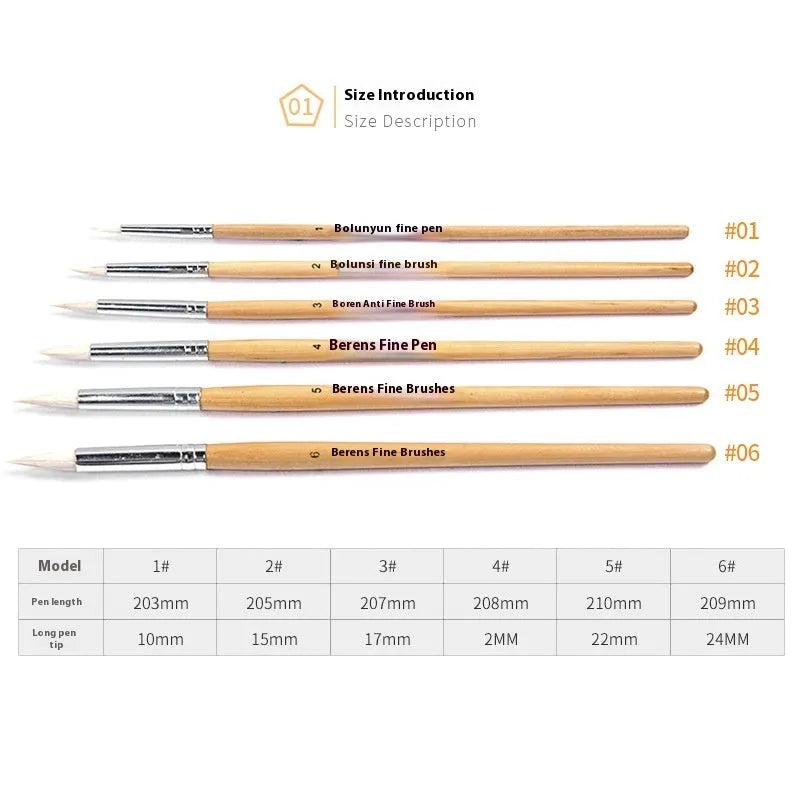 Six wooden hook line pen brushes for wool painting with natural wood handles