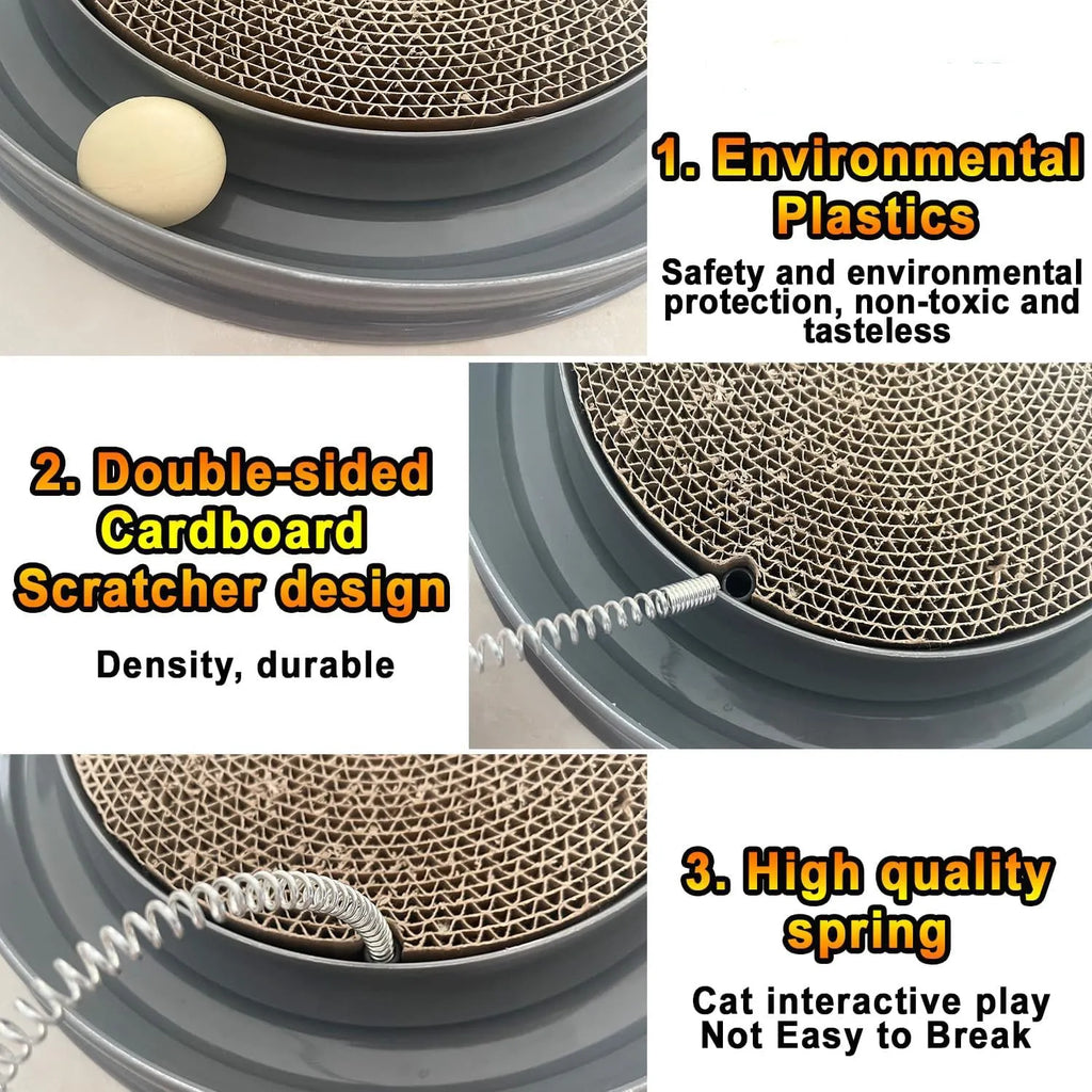Blue interactive cat scratcher toy with ball track and replaceable corrugated cardboard scratching pad