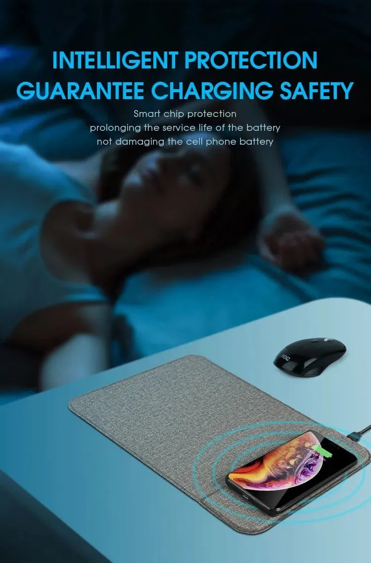 Grey foldable cloth phone holder open in stand mode, wirelessly charging a smartphone.