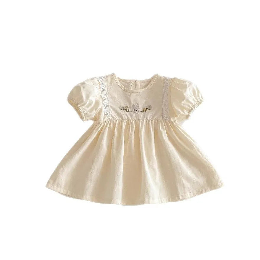 Girls' cotton lace summer dress with short sleeves and princess skirt in light apricot