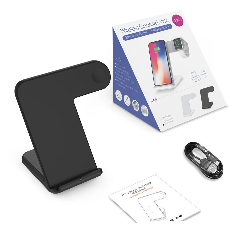 Black or white Qi wireless charging pad for mobile phones on a desk.