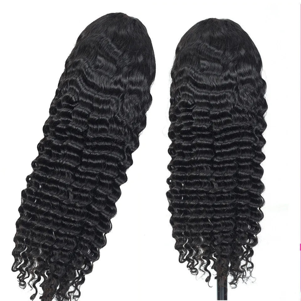Deep wave human hair lace frontal wig black medium long length 8 inches