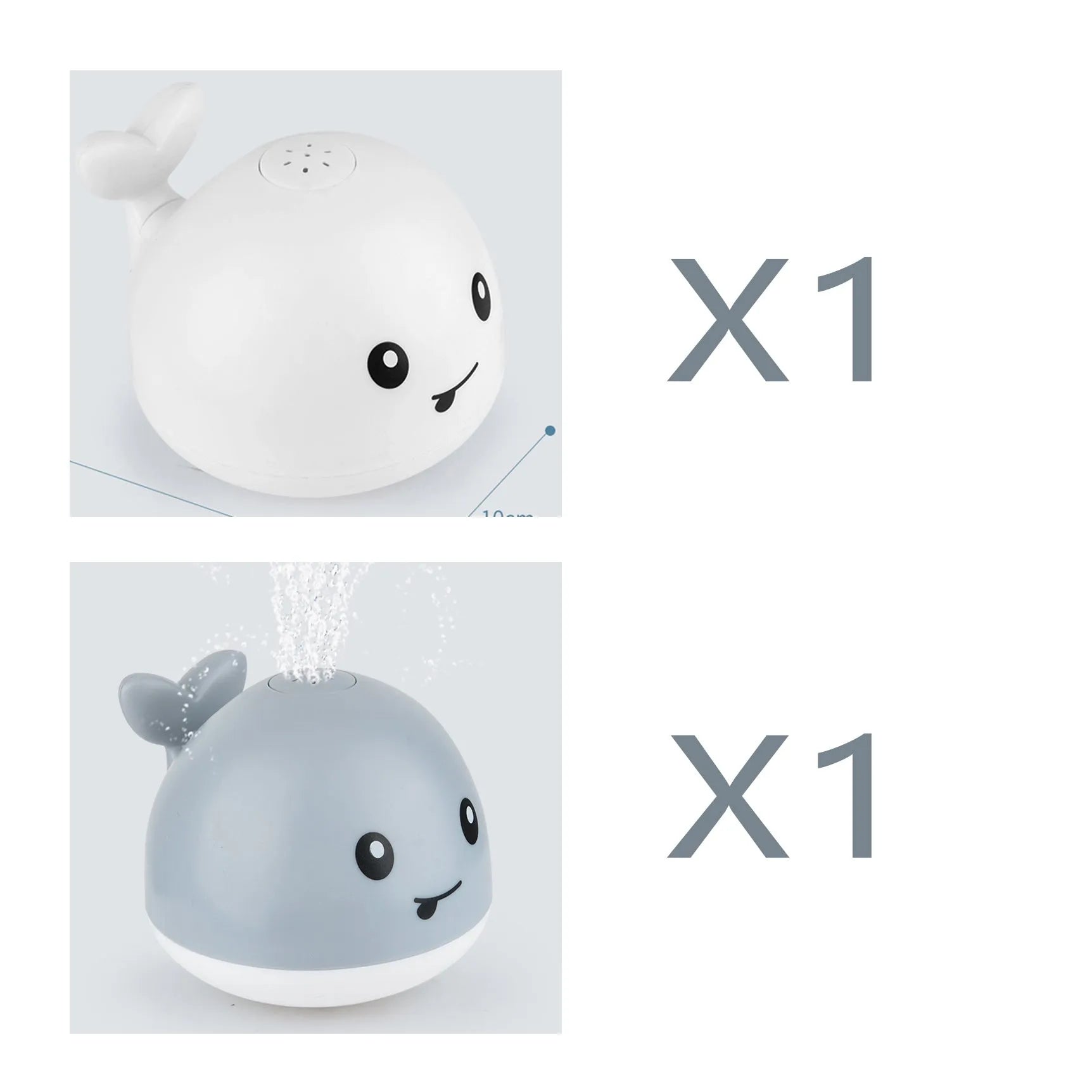 Whale-shaped electric bath toy spraying water with flashing lights, floating in baby bathtub