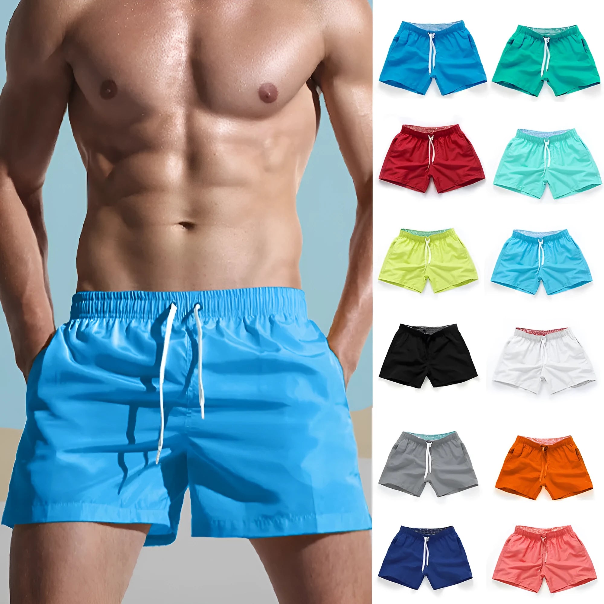 Men's straight-leg polyester surf shorts on a beach, available in multiple colours including fluorescent yellow and black.