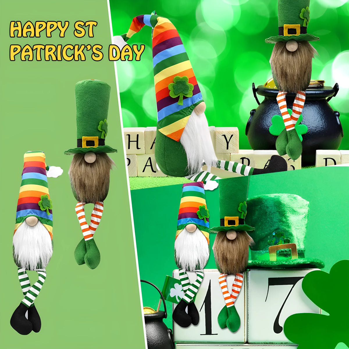 St Patrick's Day faceless dwarf plush doll in cloth, cartoon style, colour 01 or 02