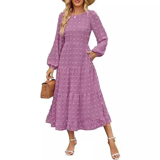 Women's beige high waist autumn dress with long ruffle sleeves, round neck.