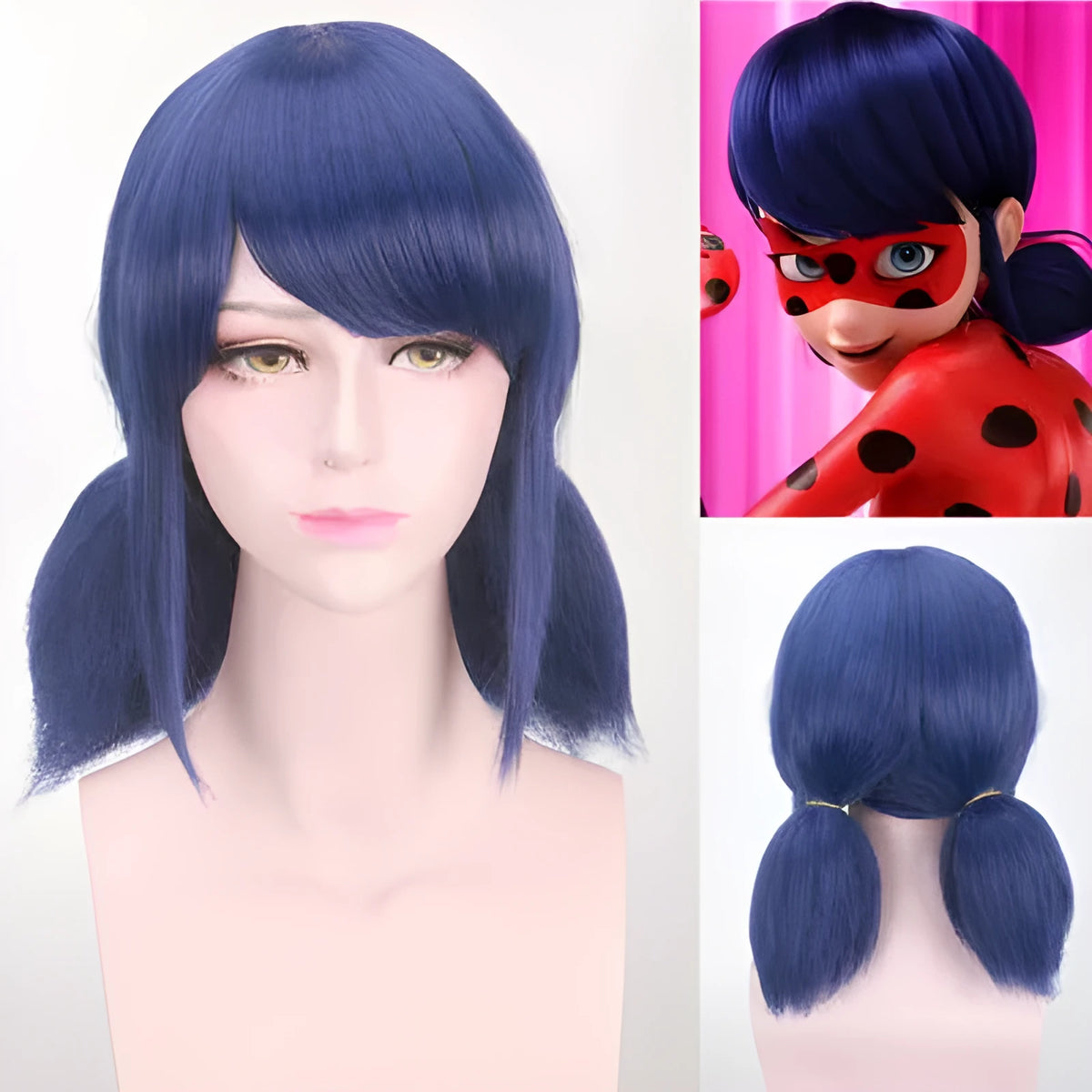 Ladybug Ladybug mixed blue cosplay wig with 35cm high temperature wire and adjustable inner net on mannequin