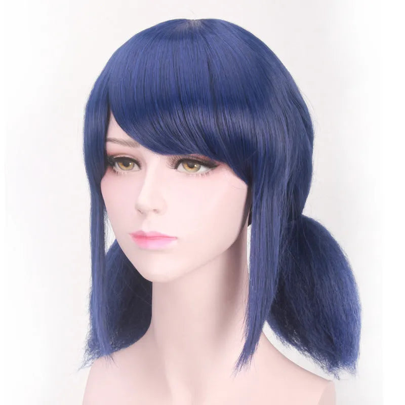Ladybug Ladybug mixed blue cosplay wig with 35cm high temperature wire and adjustable inner net on mannequin