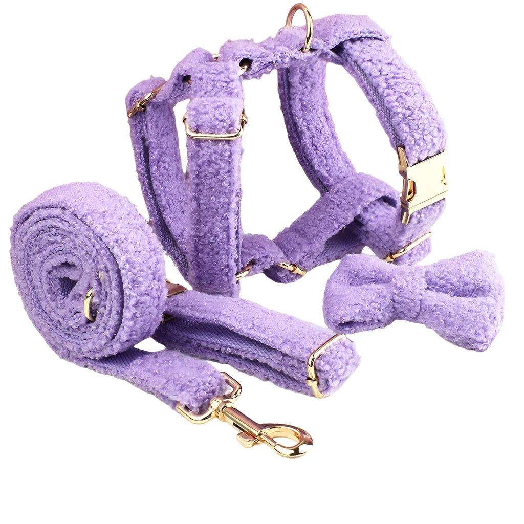Purple cloth dog collar and leash set with matching vest and bow accessory for small breed dogs