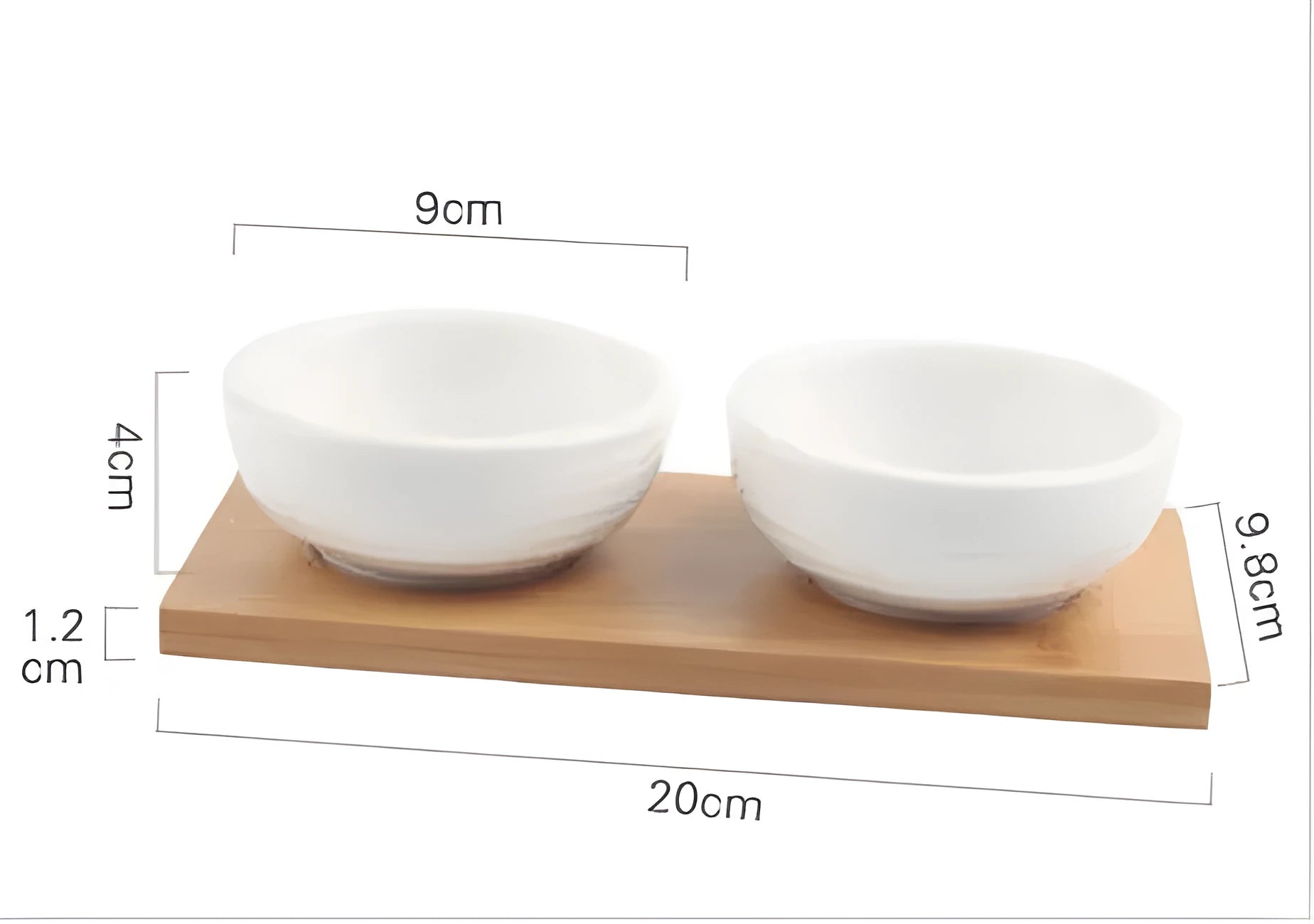 Porcelain ceramic dried fruit dish with three snack compartments on a wooden serving board.
