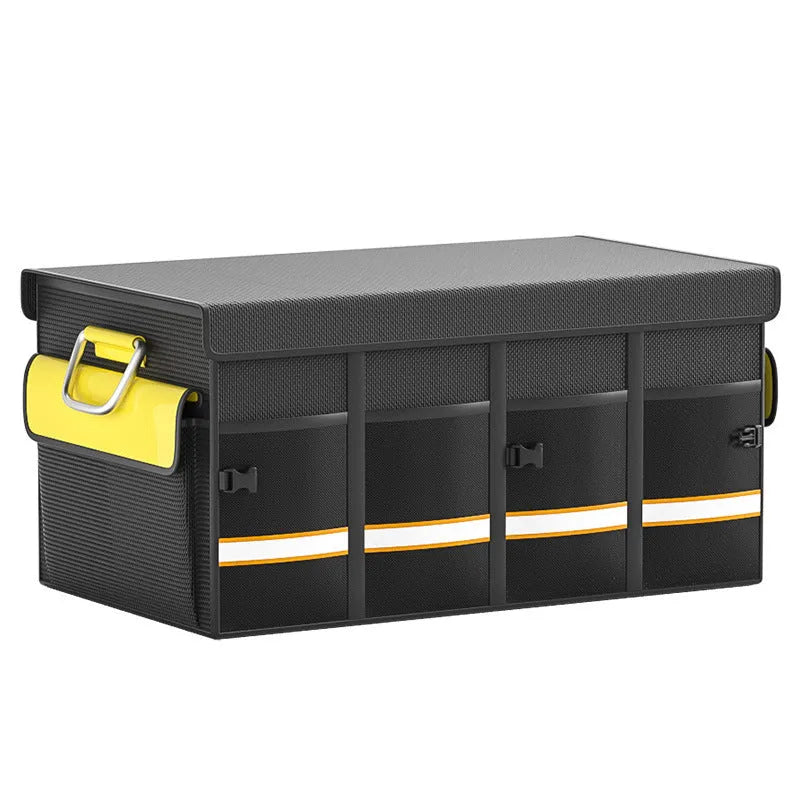 Black and yellow foldable fabric car boot storage organiser bag with handle