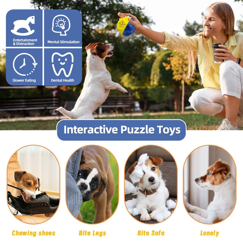 Blue bite-resistant rubber dog puzzle ball with hollow centre for treats, 9 cm diameter.