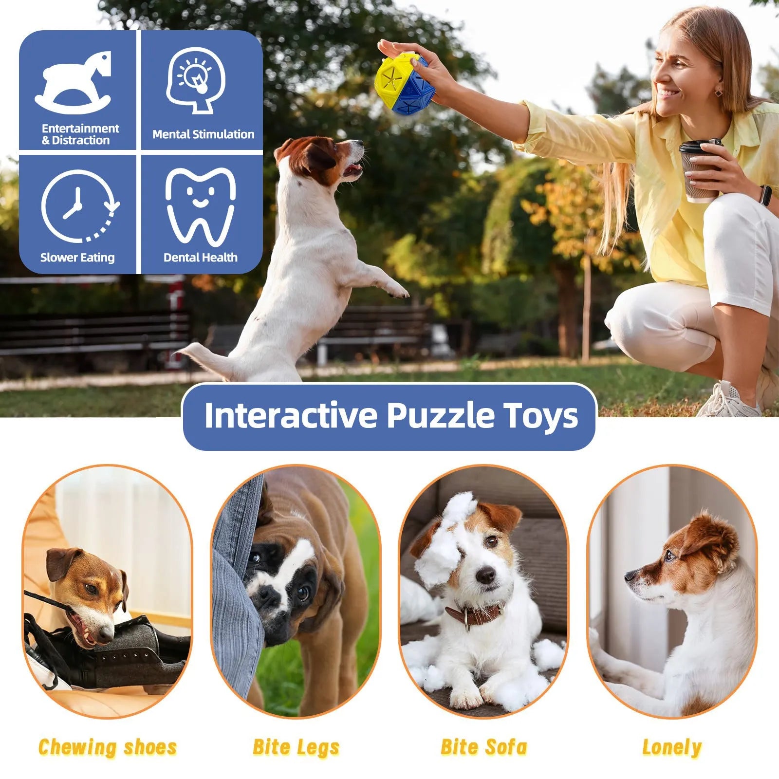 Blue bite-resistant rubber dog puzzle ball with hollow centre for treats, 9 cm diameter.