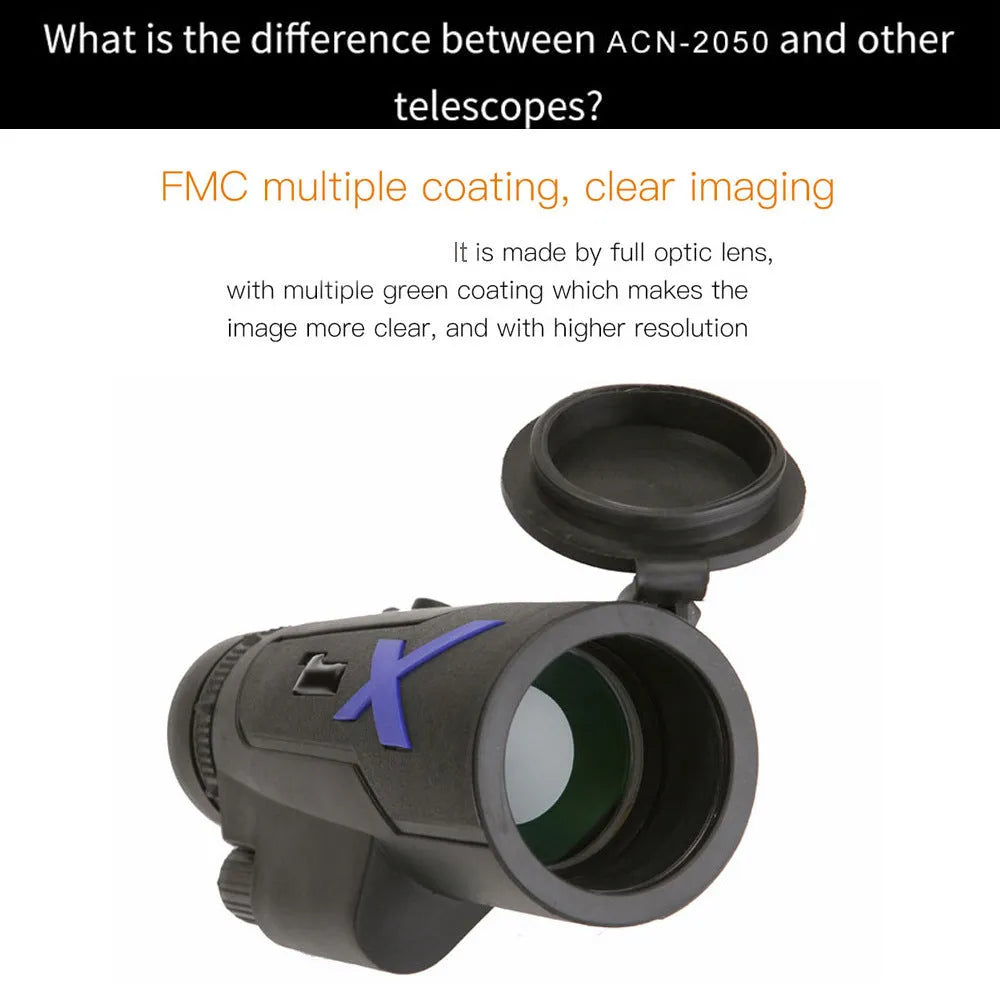 Black 20x50 monocular telescope with 12x magnification for outdoor use