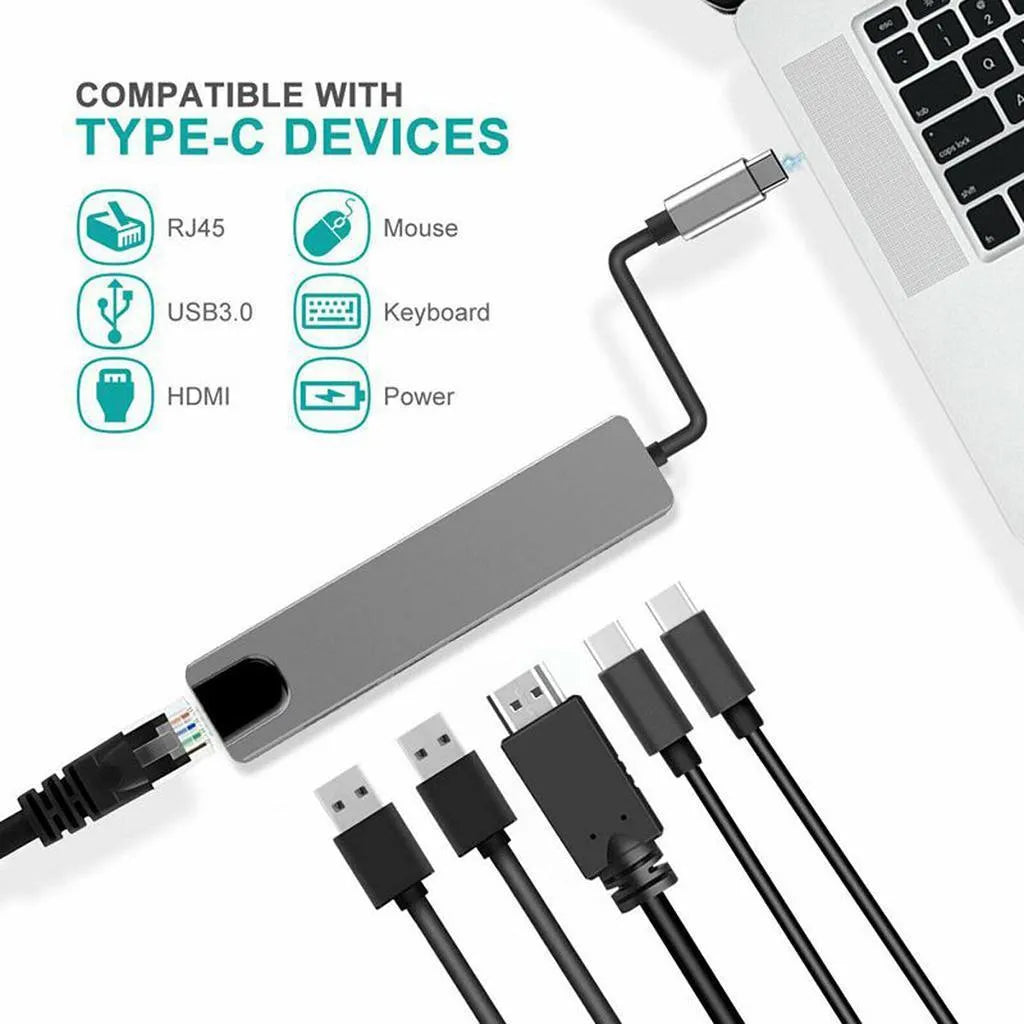 6-in-1 USB C hub, metal grey, with HDMI 4K 30Hz, two USB 3.0, two USB-C PD, and RJ45 Ethernet ports
