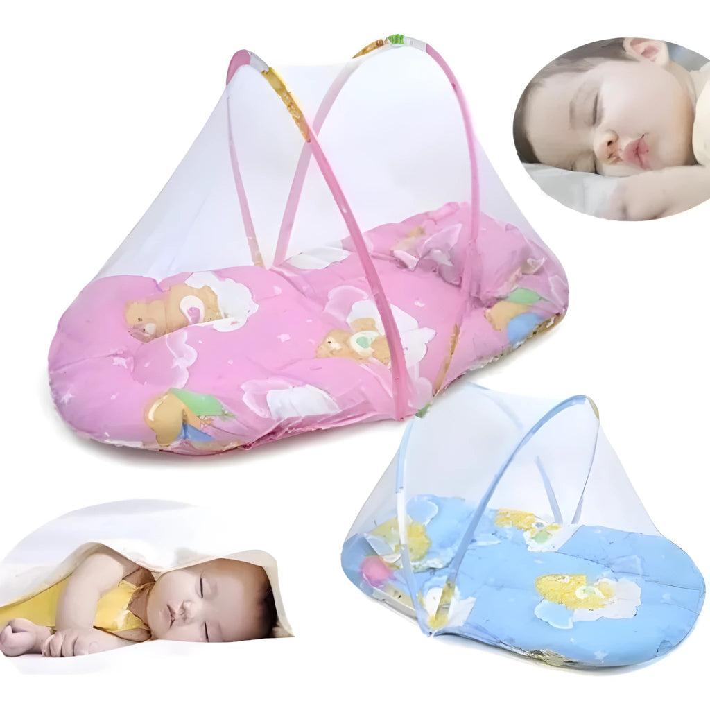 Blue foldable baby mosquito net tent with stainless steel frame and sleeping cushion inside