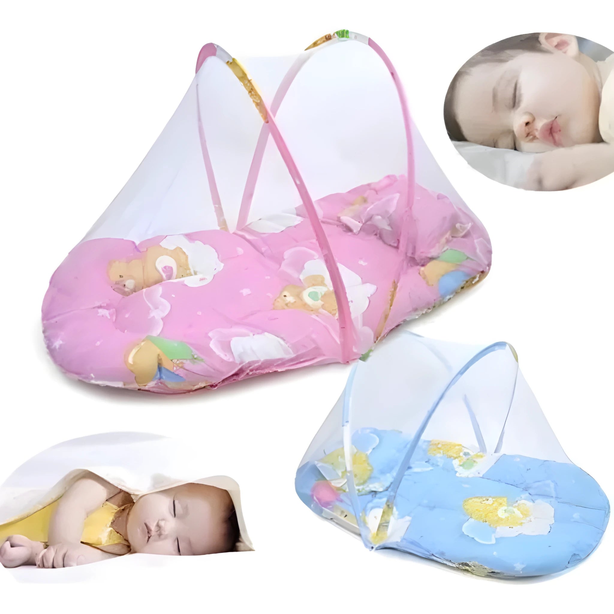 Blue foldable baby mosquito net tent with stainless steel frame and sleeping cushion inside