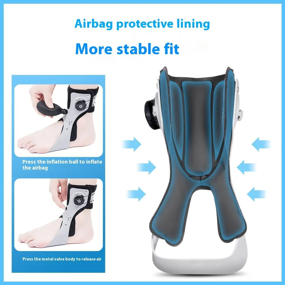 Grey ankle support brace with airbag button mechanism showing left and right size options for foot circumference 31-47 yards
