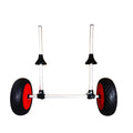 Foldable aluminium kayak beach trailer with upright pole platform and rubber wheels.