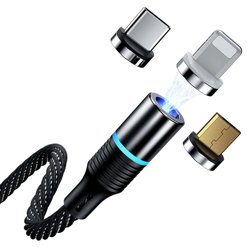 Black magnetic data cable with three detachable heads for Apple Android and Type-C devices, 2m length
