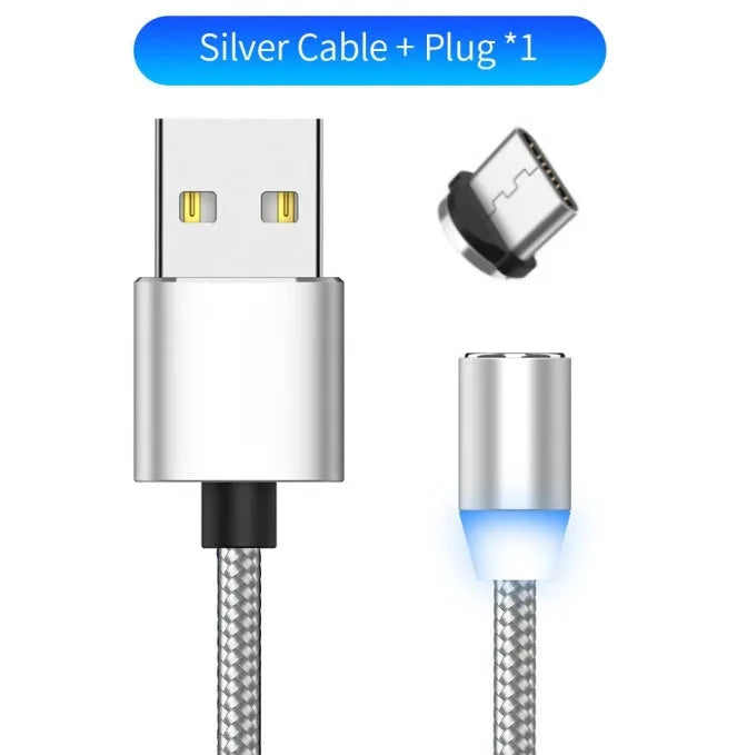 Black cotton braided magnetic charging cable with LED light and three-in-one plug for iPhone and Android phones