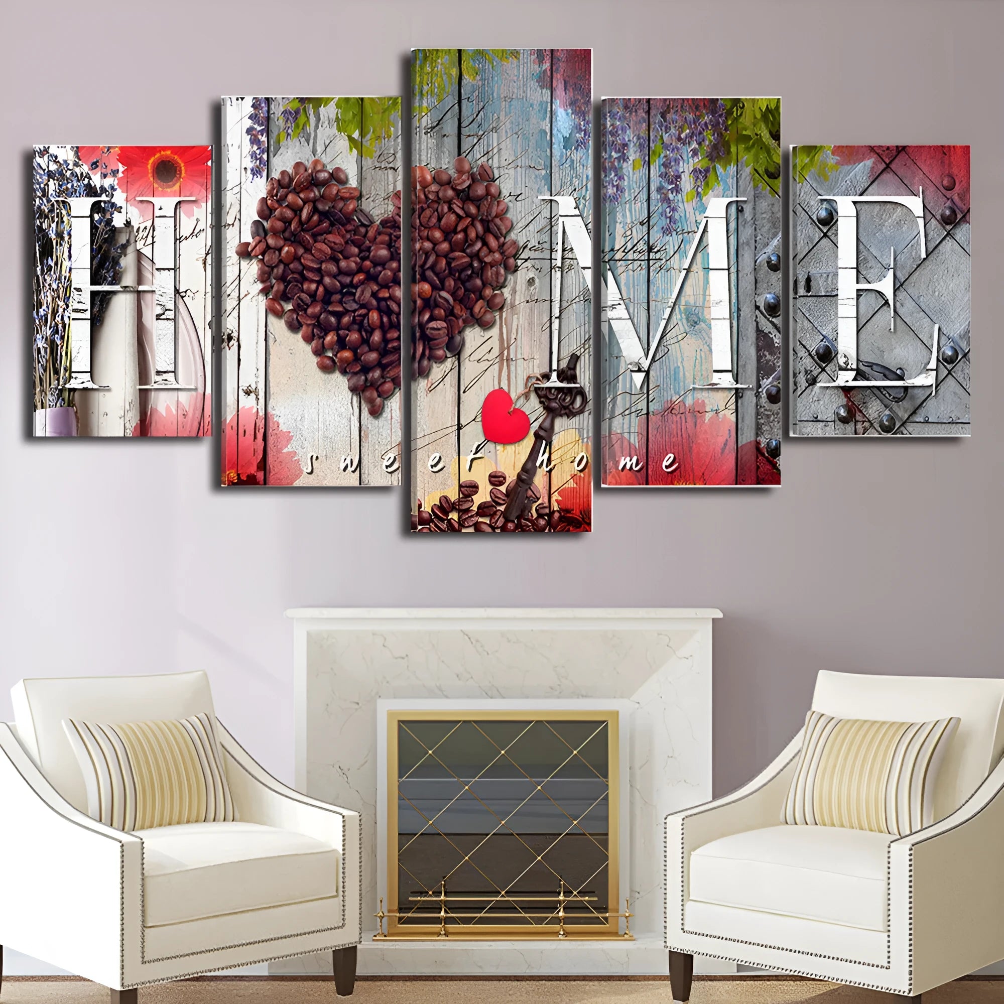 Set of five red unframed oil painting canvas panels in varying heights for wall display