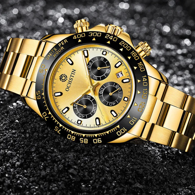 Stainless steel waterproof watch with 43mm case, 22mm strap, multifunction dial, available in rose gold, gold, black, and silver.