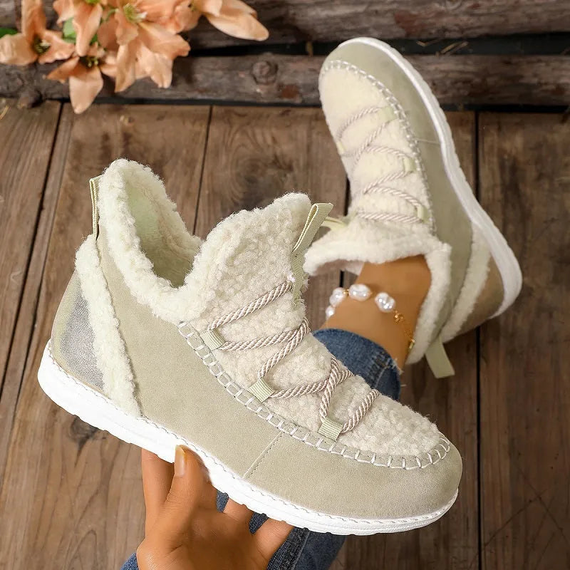 Women's mid-top snow boots in beige, black, and dark brown with cotton upper and PU sole
