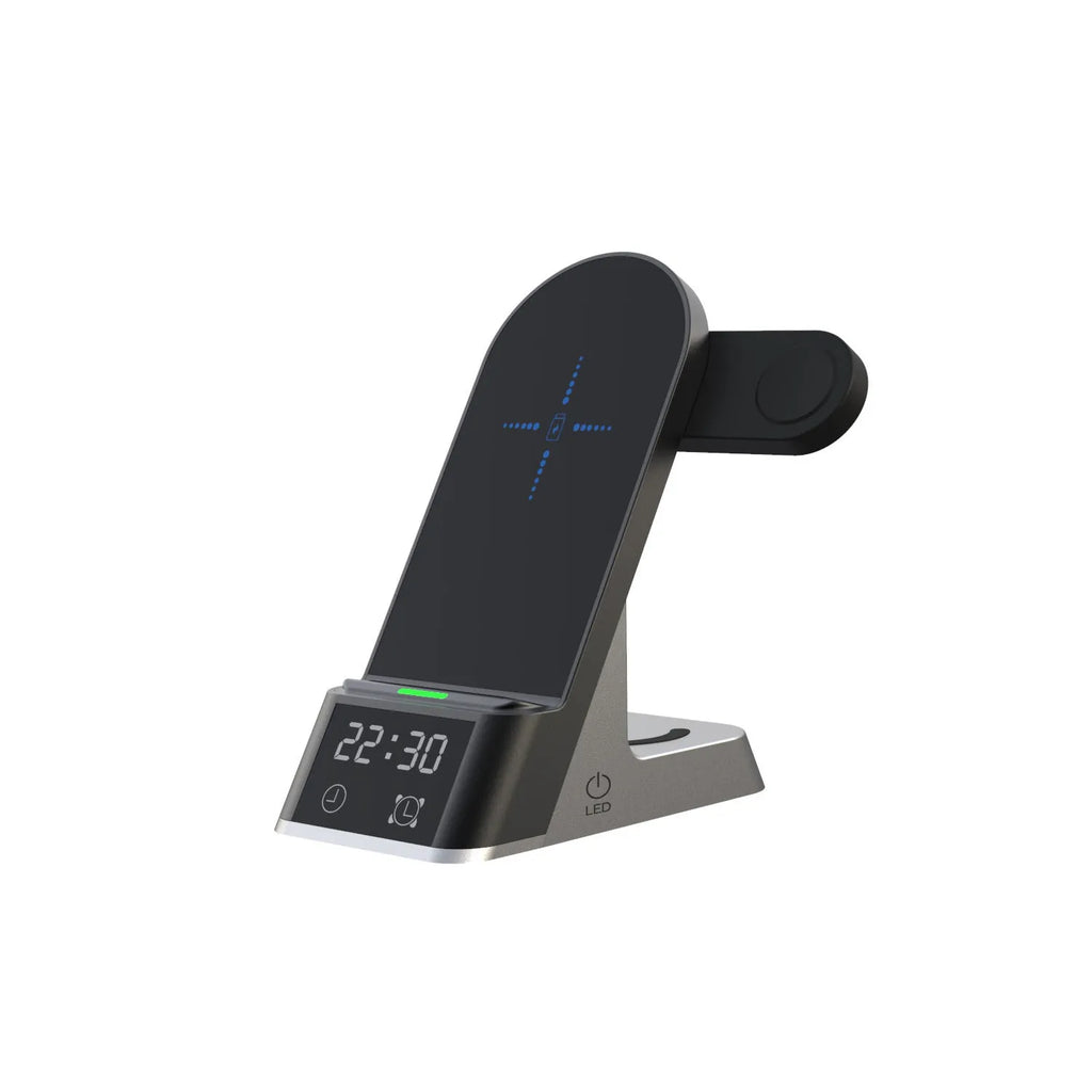 Black multifunctional alarm clock with wireless charging pad, smartwatch dock, and USB port.
