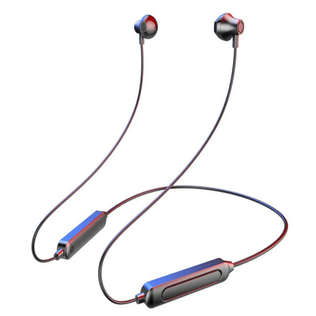 Black wireless neck-mounted sports earphones with Bluetooth 5.0 and custom logo printing option