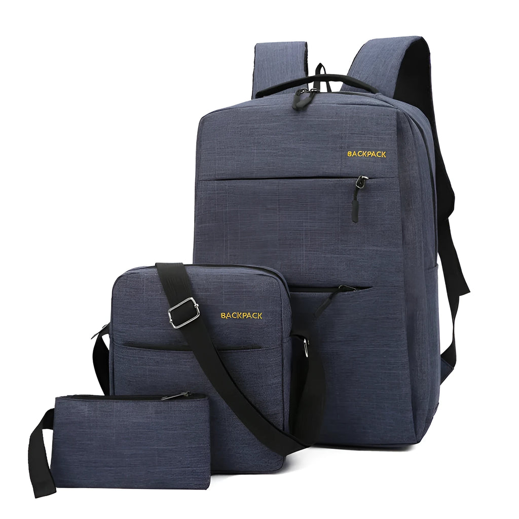 Men's black nylon three-piece computer bag set showing USB port and organisational pockets.