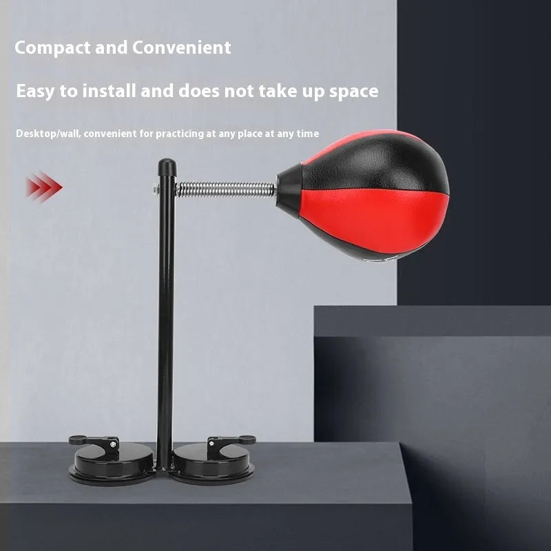 Red and black pear-shaped hanging boxing ball with dual suction cup mounting system