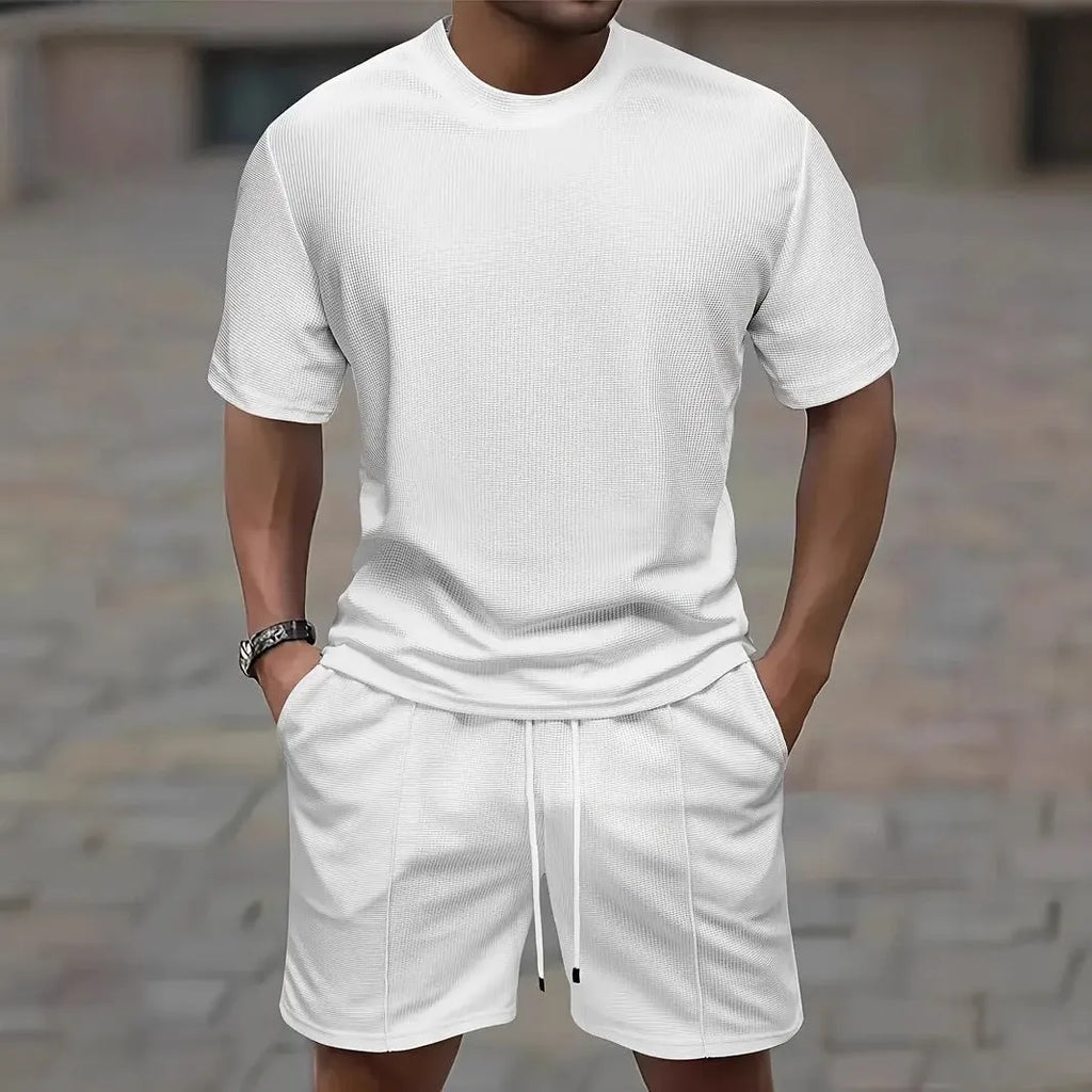 Men's apricot waffle texture short sleeve blouse and matching shorts set laid flat
