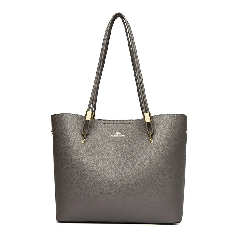 Women's large capacity crossbody tote bag in PU leather with stitching detail in brown colour