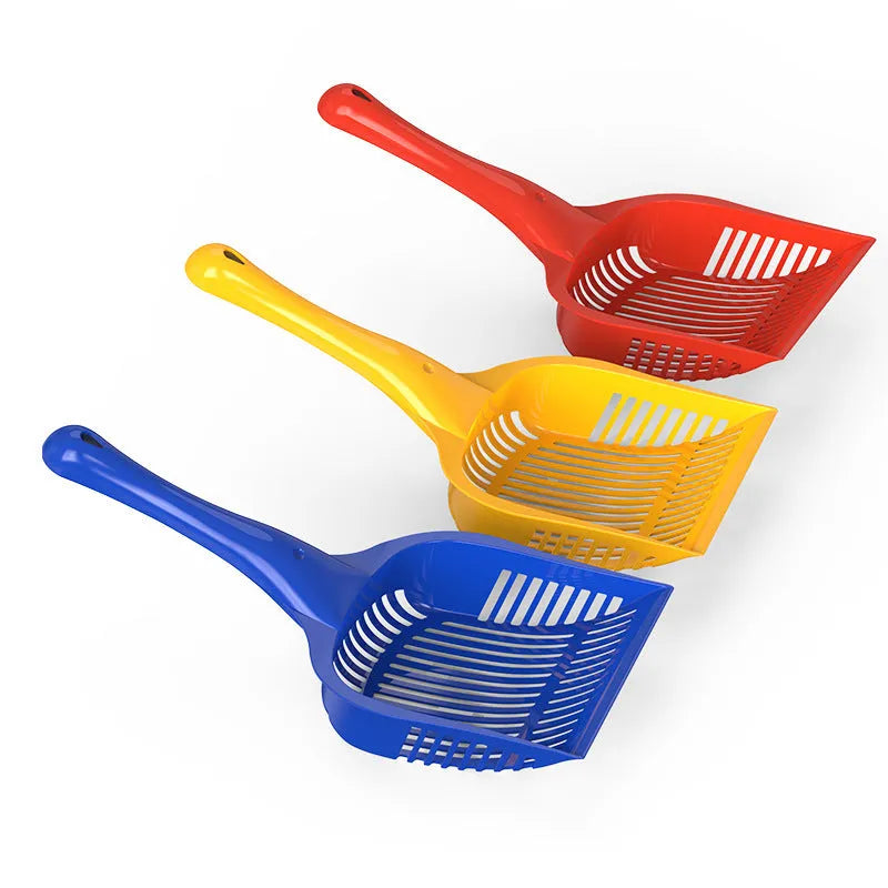 PP plastic cat litter scoop in blue, red, or yellow colours showing small and medium size options