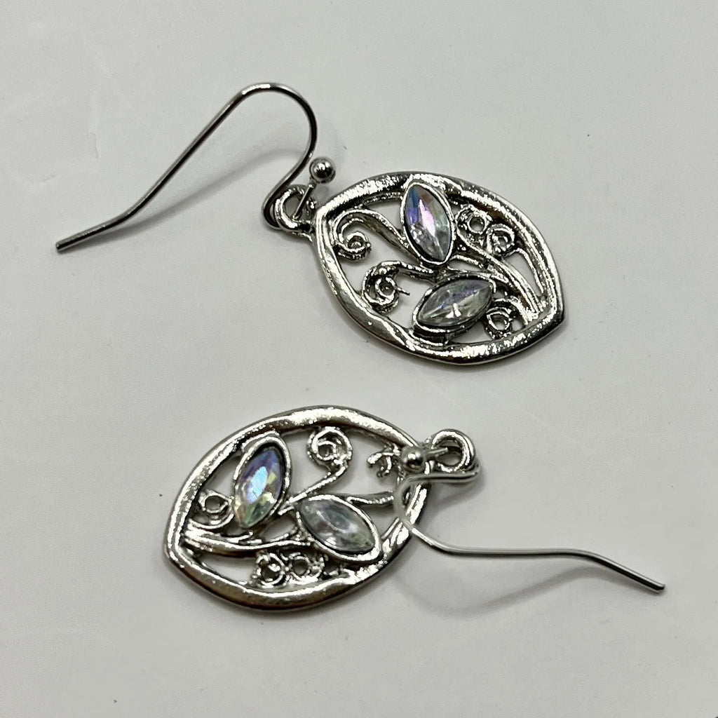 Silver alloy leaf-shaped earrings with an embedded colourful moonstone centrepiece.