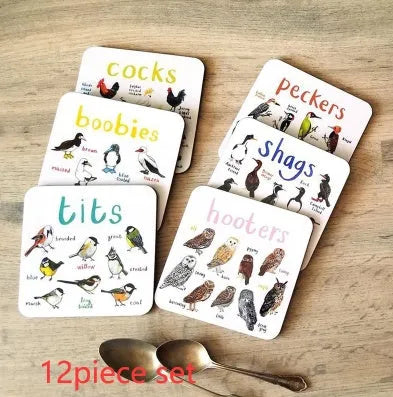 Set of 6 square bird pun coasters with PVC material, flower design, 10x10x0.35 cm each