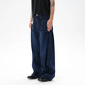 Washed distressed dark blue wide leg women's jeans with loose fit and denim fabric