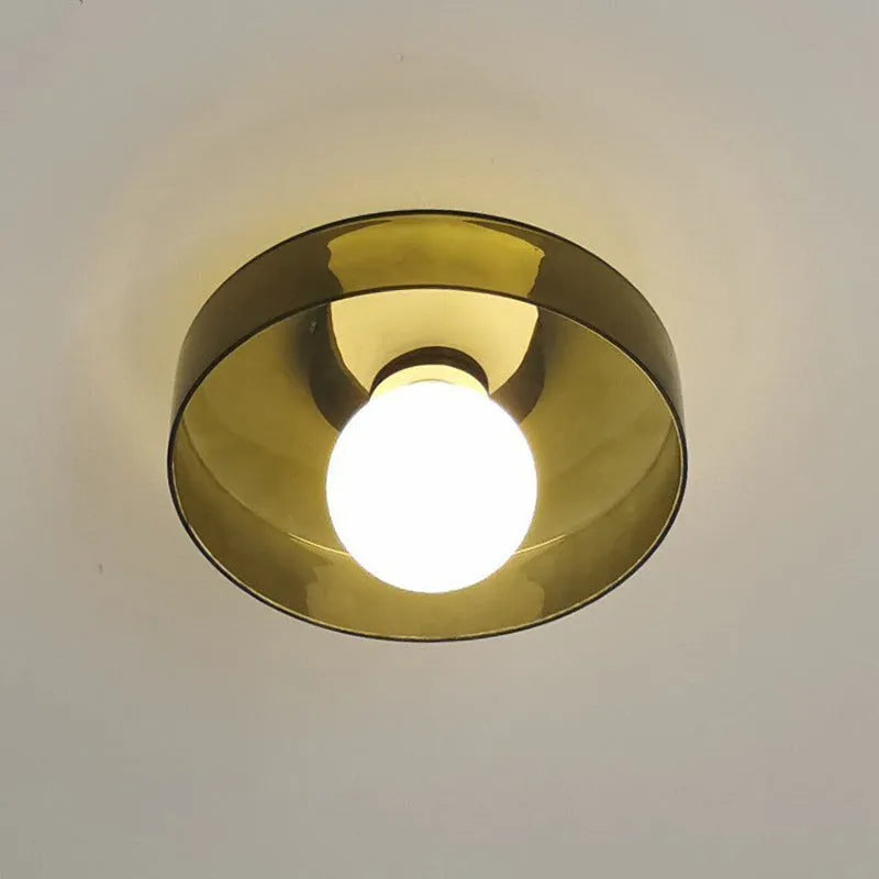 Round modern glass ceiling light fixture with white shade for corridor or porch