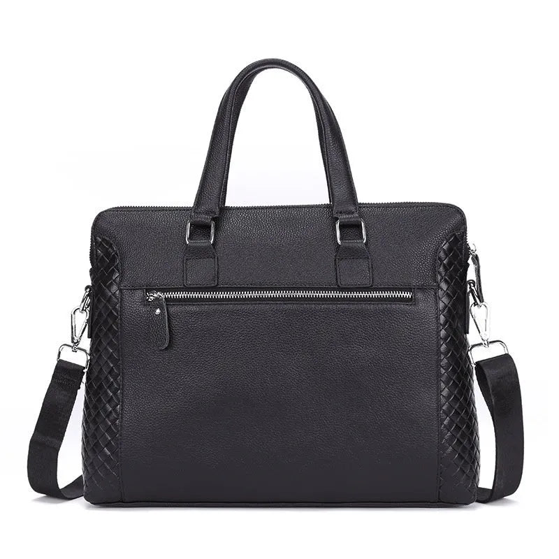 Men's genuine black leather horizontal briefcase with embossed geometric pattern, soft handle, and slit pocket for 14-inch laptop