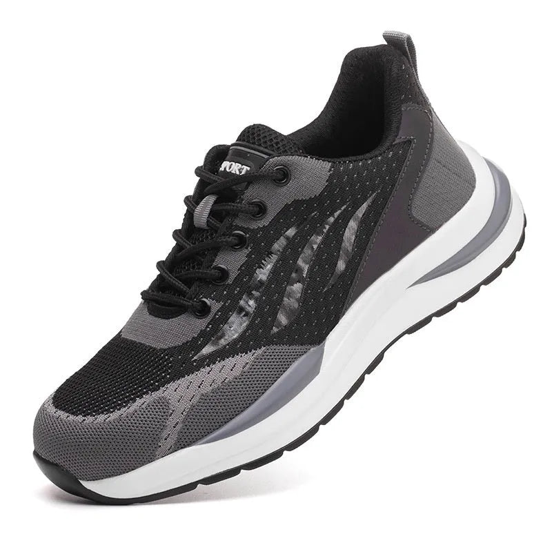 Men's black grey electrician safety shoes with plastic toe cap and lace-up closure
