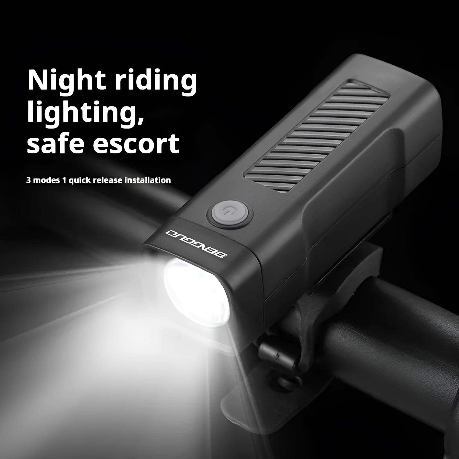 Black USB rechargeable bicycle headlight with quick release strap bracket on handlebars