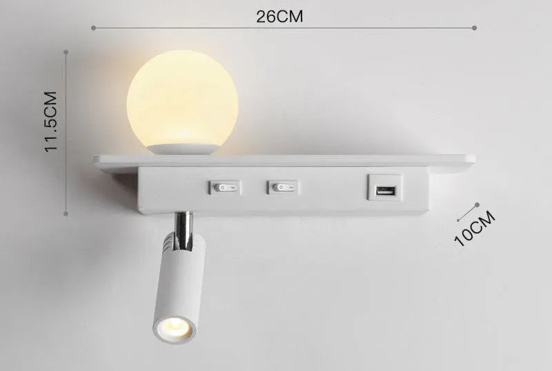 Bedside lamp with USB port shelf acrylic body PMMA lampshade wall-mounted modern design warm light
