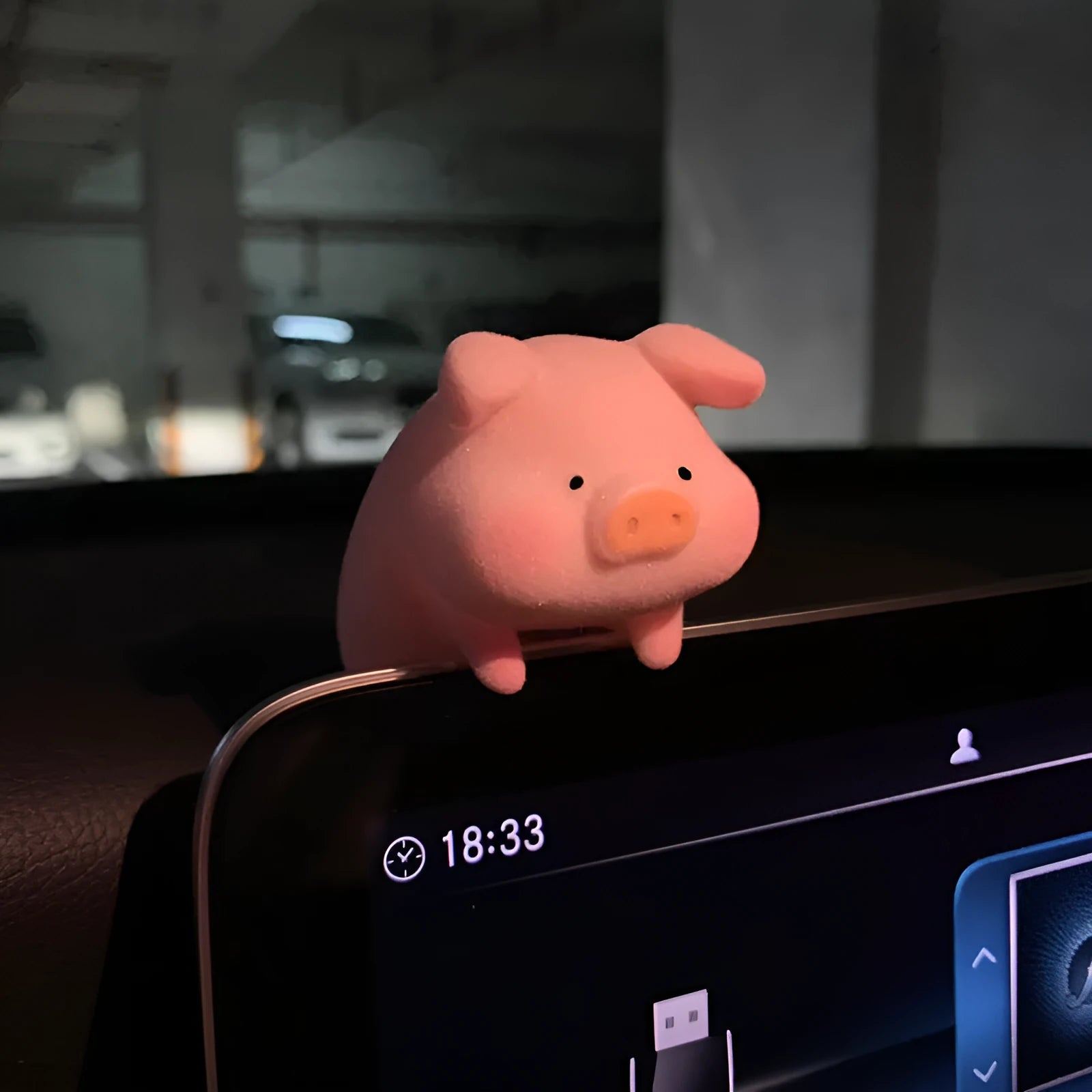 Set of eight cute cartoon pig resin car dashboard decorations on a car console