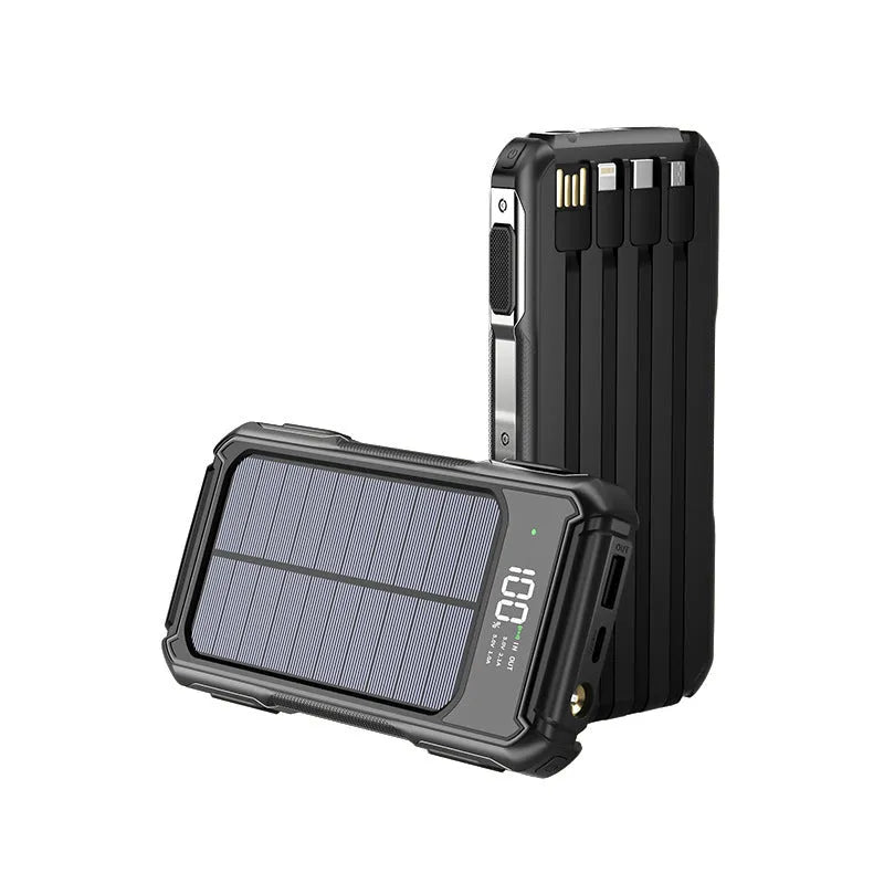 Black, green, and orange military grade mobile power bank showing front view with capacity options.