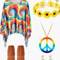 Adult model wearing a vibrant tie dye printed cloak costume with bell sleeves, showcasing the pink colour option.