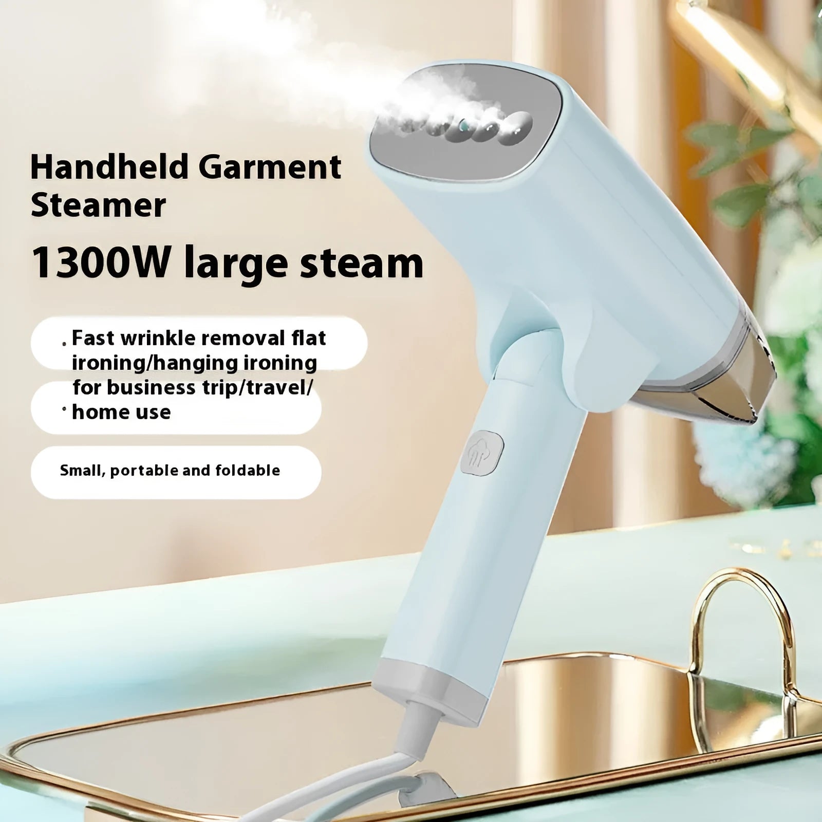Blue and white handheld garment steamer with water tank and power cord.