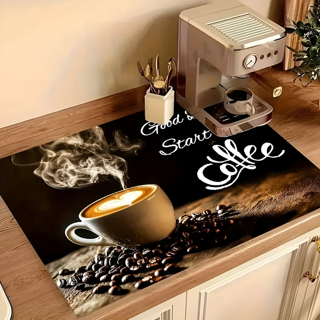 Square PVC kitchen countertop draining pad for coffee maker in K Coffee Time design, 30x40cm to 50x60cm
