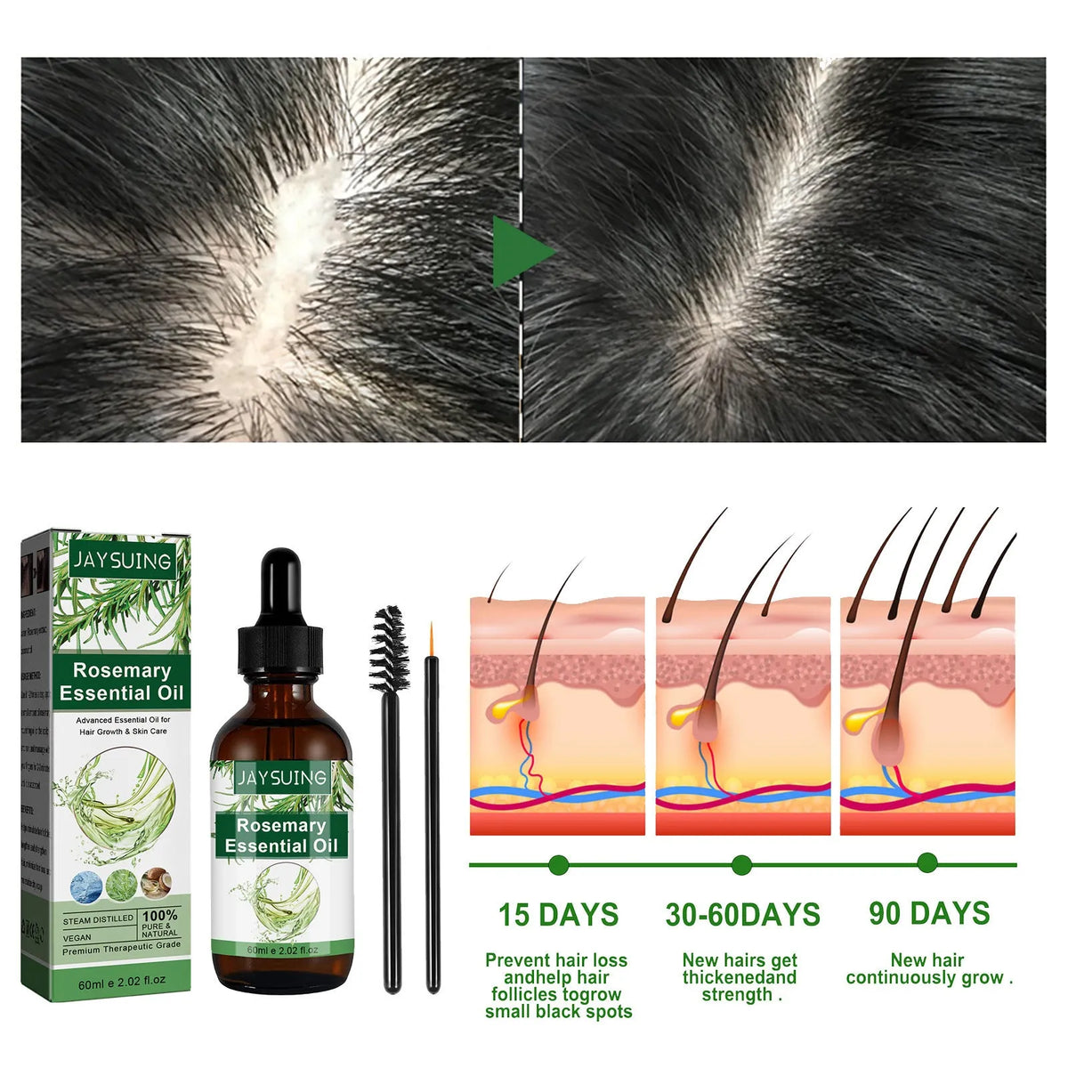 60ml rosemary essential oil with jojoba and coconut for hair nourishment, includes two brushes