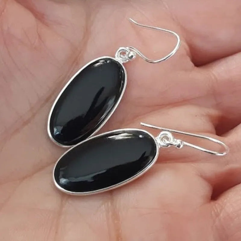 Women's earrings with 925 silver electroplating and black agate oval pendants in geometric Chinese style